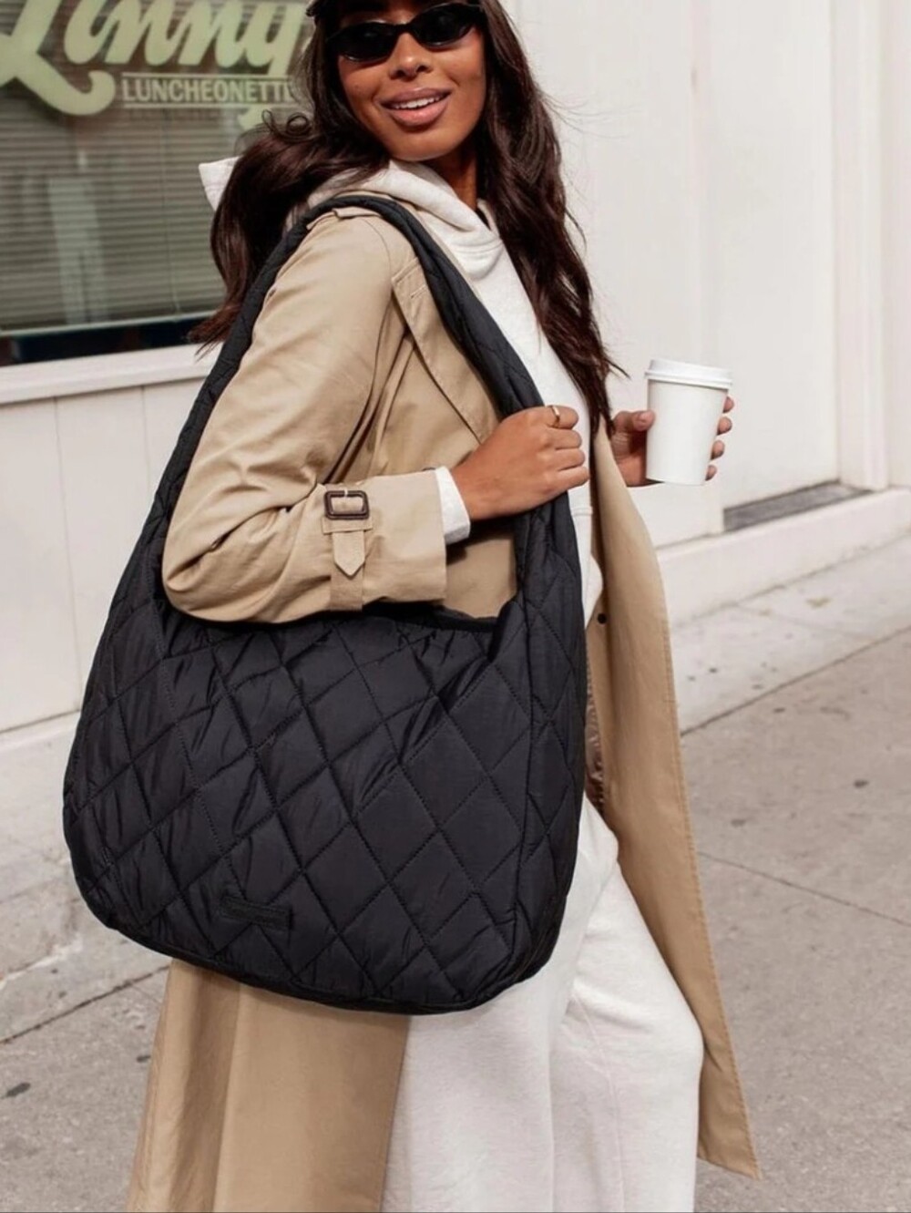 NWT Poppy & Peonies Haul It Black Quilted Oversized Hobo Bag Travel Tote